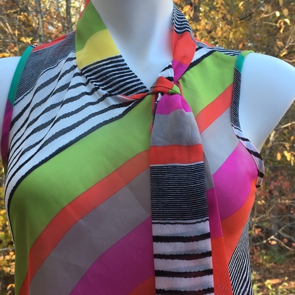 Celine x Champion ribbon tie neckline sleeveless colorful ribbed hem top size M - Picture 3 of 7